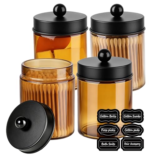 Amolliar Amber Glass Apothecary Jar Qtip Holder Metal Lids 4pc/Amber-black | Bathroom Decor Countertop Vanity Storage Organizer Set for q tip holder,Cotton Swabs/Rounds,Makeup Sponges,Cute Stickers - color: Amber-Black Lid P1