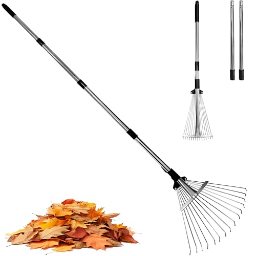 Garden Rake for Leaves,Heavy Duty Metal Adjustable Leaf Rake for Lawns,Long Handle 33"-69" with Expandable Head 8"-15",Garden Tools for Yard Lawn Shrub Garden Beds - size: 8-15inches