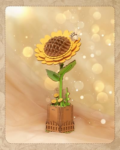 Kaayee 3D Wooden Flower Puzzles Sunflower, Wood Flowers Craft for Adults | Forever Flower Kit Set DIY Crafts to Build, Mother's Day/Botanical Collection/Ideal Creative Gift Ideas/Housewarming 83 PCS - color: Sunflower