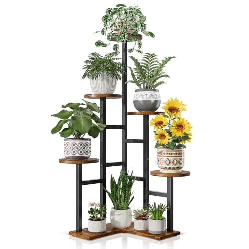 6 Tier Plant Stand Indoor Outdoor Metal Wood Tall Corner Plant Shelves - color: BlackRound