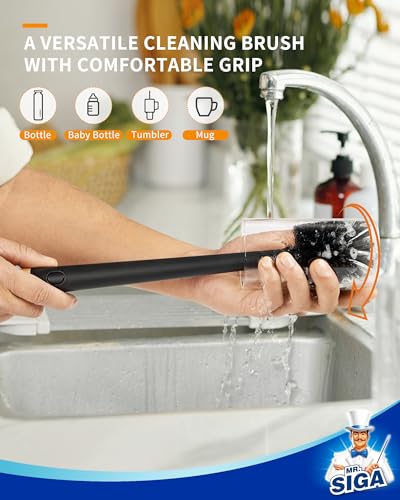MR.SIGA Water Bottle Brush and Straw Cleaner Brush, Long Handle Bottle Cleaner Brush, 2 in 1 Bottle Cleaning Brush for Sports Bottles, Baby Bottles, Mugs, Straws - color: Black