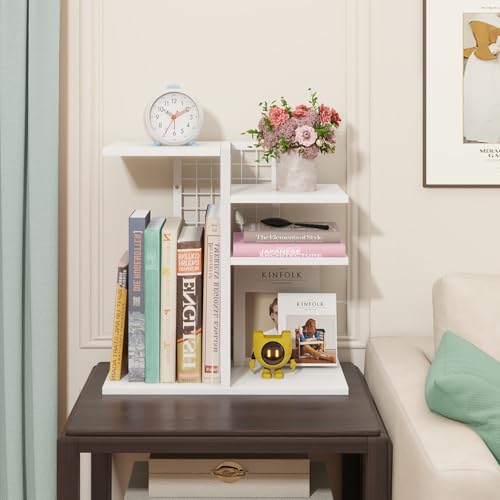 ELITEROO Desk Bookshelf, 4 Tier Wood Desktop Bookshelf, Adjustable Table Top Book Shelf and Storage Rack for Office Supplies, Dorm, Home Office, White - color: White