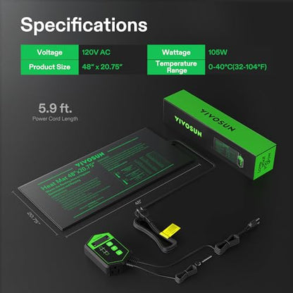 VIVOSUN 48" x 20.75" Seedling Heat Mat and Digital Thermostat Combo Set | UL & MET-Certified Warm Hydroponic Heating Pad for Germination, Indoor Gardening, Greenhouse - size: 48"x20.75"