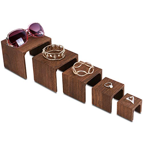 MOOCA Wooden Jewelry Display Stand Set, 5-Piece Product Risers | 5-piece brown wooden riser set in varied heights creates tiered displays for rings, watches, necklaces, and bracelets. - color: Brown N Shape, 5 Pieces