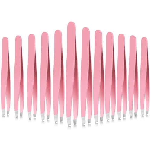 Mudder 12 Pcs Eyebrow Tweezers Set for Facial Hair in Bulk | Slanted Tip Style, Stainless Steel, Pink, 3.78 Inch Compact, for Men and Women, Daily Eyebrow Care, Daily or Travel - color: Pink