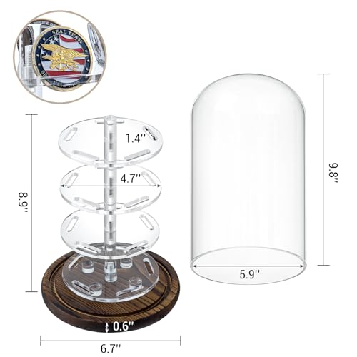 MyGift Challenge Coin Display Dome, Acrylic Military Coin Holder | Clear dome protects and displays up to 20 challenge coins on a rustic wood base for an eye-catching collectible showcase