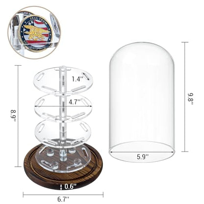 MyGift Challenge Coin Display Dome, Acrylic Military Coin Holder | Clear dome protects and displays up to 20 challenge coins on a rustic wood base for an eye-catching collectible showcase