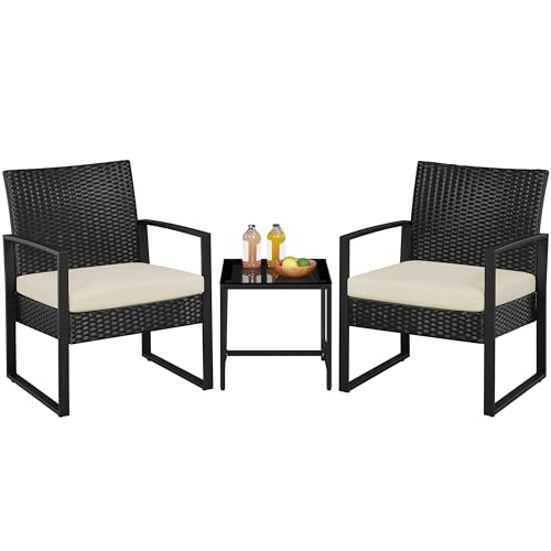 Yaheetech 3 Pieces Rattan Bistro Set, Outdoor Wicker Patio Modern Conversation Furniture, 2 Chairs & Tempered Glass Coffee Table for Garden, Balcony, Backyard, Poolside, Black/Beige - color: Black/Beige