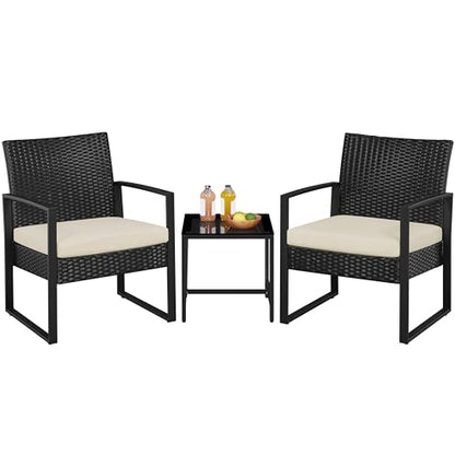 Yaheetech 3 Pieces Rattan Bistro Set, Outdoor Wicker Patio Modern Conversation Furniture, 2 Chairs & Tempered Glass Coffee Table for Garden, Balcony, Backyard, Poolside, Black/Beige - color: Black/Beige