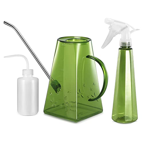 Goowin Watering Can Indoor Plants, 47 oz Long Spout House Plant Flower Watering Can, Creative Wide Opening Plastic Watering Can with 16 oz Spray Bottle & 8.5 oz Squeeze Bottle, Green - color: Green