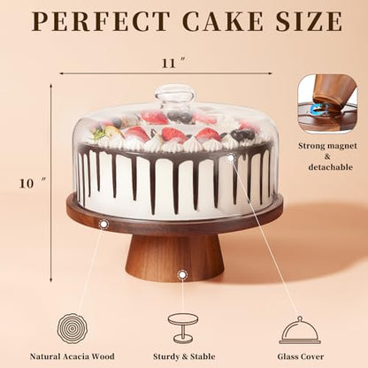 VIVIRBIEN Wooden Cake Stand with Lid: 11in Stand w/Magnetic Pedestal | Durable Glass Dome-Solid Acacia Holder-Multi-use for Dessert/Cupcake-Ideal for Kitchen/Birthday/Party/Decor/Charcuterie
