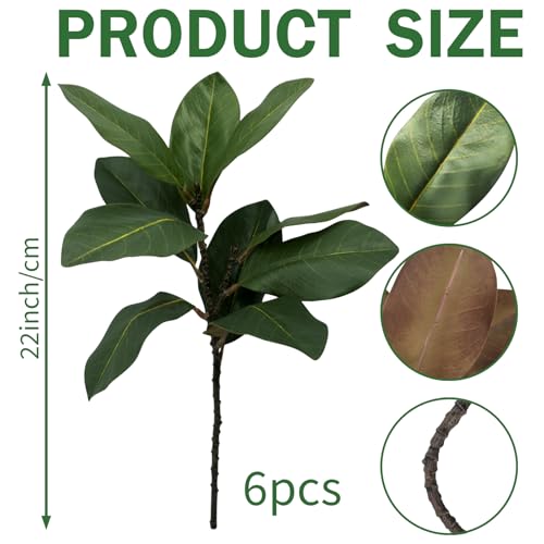 Magnolia Artificial Leaves Branches, 3D Magnolia Stem Life-Like Faux Leaves Twigs for Indoor Vase Filling Home Office Hotel Table Decor, 6 Pack, 22 Inch - size: 22inch