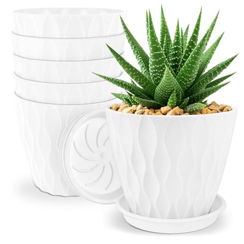 YNNICO 6 inch Plant Pots, 6 Pack Flower Pots Outdoor Indoor, Planters with Drainage Hole and Tray Saucer-White - color: White, size: 6 inch-6 pack