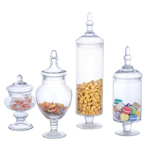 MyGift 4 Piece Set Clear Glass Apothecary Jars with Lids, Bathroom Decor, Candy Buffet, Wedding Centerpiece Decorative Jar
