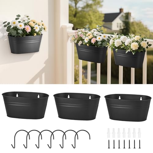 Dahey 3 PCS 10.5 Inch Metal Wall Planter Hanging Flower Pots for Railing | Metal Hooks, Fits Balcony Fence Window Countryside Garden Indoor Outdoor Decor, Drainage Holes, Great for Herbs Plant, Black