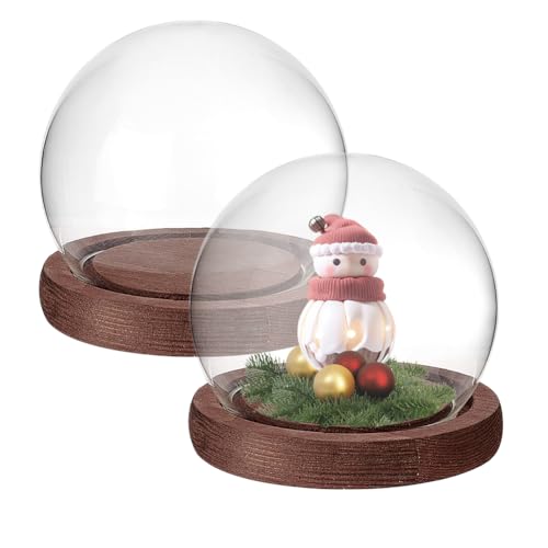 PH PandaHall 2pcs Glass Display Dome Cloche Round Dome Cover with Wooden Base Clear Glass Globe Bell Jar Display Case for Christmas Snow Globe Home Flower Plants Crafts Decor 3.8x3.2 Inch