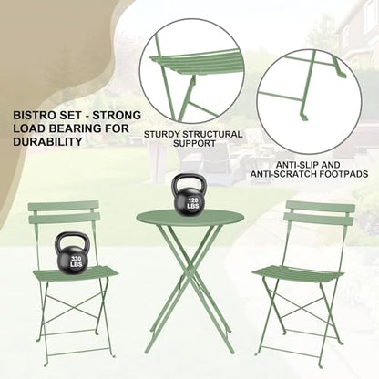 GarveeLife Outdoor Metal Bistro Set, 3-Piece Patio Furniture Set with 2 Chairs and 1 Table, Flat Steel Frame Patio Dining Set for Garden, Balcony, Porch & Backyard,Green