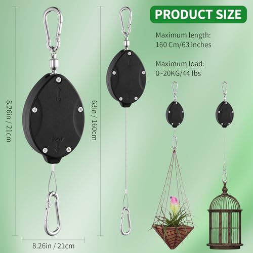 3 Pack Heavy Duty Plant Pulley, Retractable Plant Hanger with Steel Rope | 63" Stainless Steel Rope, Quick Lock Retractable Design, Adjustable Hook for Hanging Plants, Bird Feeders & Grow Lights