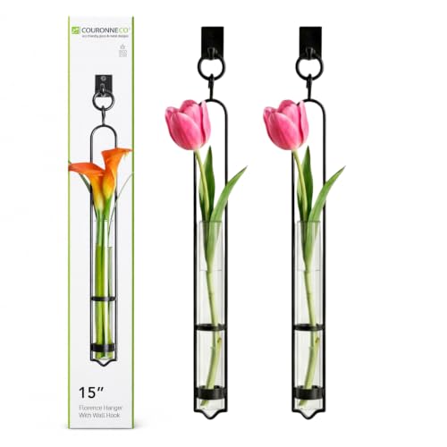 COURONNE CO. Florence Hanging Pendant Tube Vase with Wall Hook, Clear Glass Flower Holder, Wall Plant Hanger for House Decor, 16'' H, Pack of 2 - size: 16.5" H