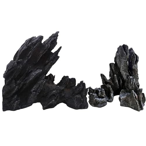 Saim Extra Large Aquarium Decor, Massive Artificial Mountain Rock Landscape, 2 Pack Jagged Canyon Rock Formation Mountain Hill View Stone Ornament Set for Betta Cichlids Hideaway Hideout