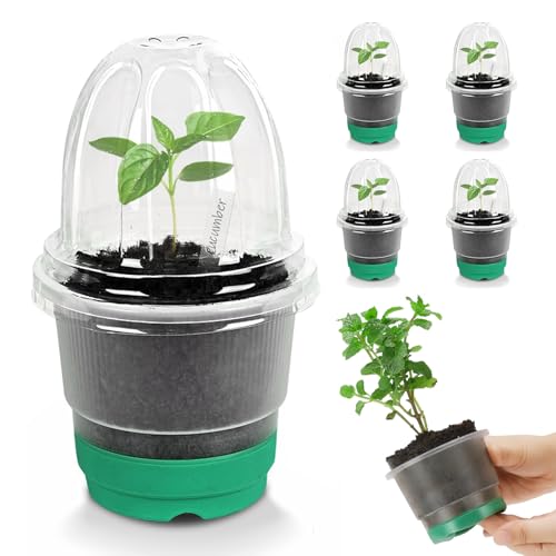 5 Packs 4 Inch Clear Nursery Pots with Lid, Reinforced Silicone Base for Easy Transplant, Reusable Seed Starter Seedling Small Plant Flower Pots with Drainage with 10 Pcs Plant Labels