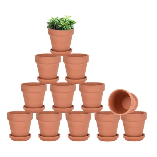 3 Inch Terracotta & Clay Pots for Plant with Saucer, 12 Pack | Clay Flowerpot with Drainage, Nursery pot for succulents, cactus, herbs, seedlings, Crafts, Wedding Favors - color: Brown