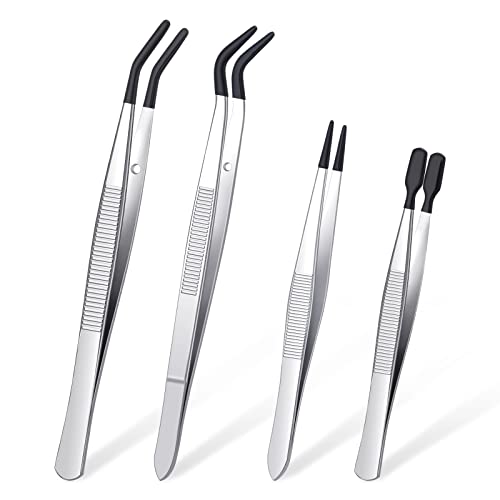 DragonflyDreams 4 Pieces Tweezers with Rubber PVC Coated Set