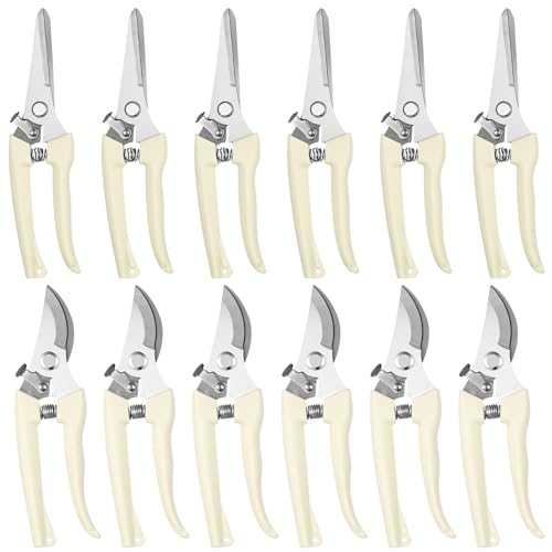 12 Pcs Garden Shears Flower Scissors Pruning Shears Floral Garden Clippers Hand Pruners Branch Cutter Gardening Tools for Plants Cutting, Trimming, Fruits Picking(Bypass, Straight)