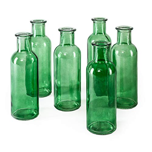 Serene Spaces Living Set of 6 Large Green Bud Vases, Apothecary Jars, Decorative Glass Bottles, Centerpiece for Wedding Reception, Antique Decoration, Flower Vases, Measures 6.5" Tall & 2" Diameter - color: Green, Large, Set of 6