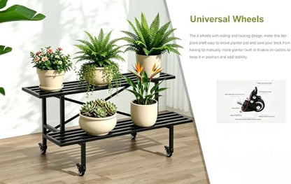Zhongma 2 Tier Heavy Duty Metal Plant Stand with wheels Indoor Outdoor Use - size: 2-Tier: L35.43 x W17.5 x H16.14 w Wheels