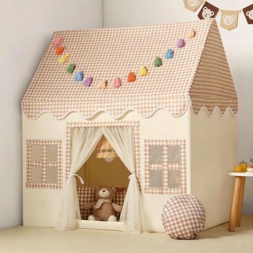 Kids Play Tent Indoor: with Brown Checkered, Mat, Rainbow Tissue Garland - Girl Tent Indoor Playhouse for Girls Kids Toys for Boy Girl BAirthday for Kids Gift - color: Brown Checkered, size: Normal