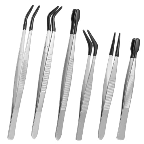 6pcs Rubber Tipped Tweezers, Long Tweezers Bent Pointed Tipped Hobby Tweezer Flat Straight Tip Tweezers for Crafts Beads Jewelry Making Stamps Succulents Pet (Black,Silver)