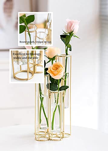 Gold Vases for Centerpieces, Test Tube Flower Vase with 5 Test Tubes, Gold Flower Vase with Metal Stand Racks Hydroponic, Glass Hinged Propagation Plant Vase for Wedding Table Home Decor