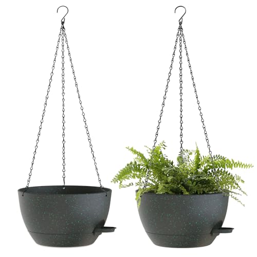 12 Inch Hanging Baskets 2 PC with Chains, Self-Watering Hanging Planters for Indoor Outdoor Plants, Plastic Hanging Flower Pots, Black with Green Speckles - color: Black With Green Speckles, size: 12 Inch