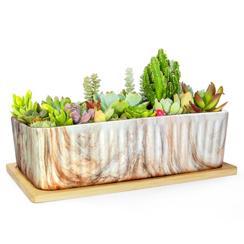 ARTKETTY 12'' Large Long Rectangular Planter, Ceramic Succulent Pots with Drainage Tray, Shallow Windowsill Succulent Planters for Indoor Cactus Bonsai Plants, Marble Window Box Home Office Decor - color: Brown
