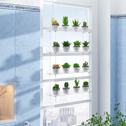 4-Tier Clear Hanging Plant Shelves, Adjustable Indoor Window Plant Stand - size: 4-Tier