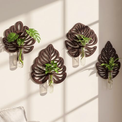 Junkin 4 Sets Wooden Monstera Leaf Wall Mount, Leaf Shaped Hanging Wall Planter Terrarium Propagation Stations for Plants with 4 Glass Tubes for Indoor Cuttings, Vines Houseplant Home Office Decor