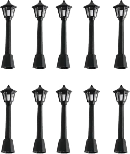 10 Pcs Black Mini Miniature Street Light Model, Railway Train Post Lamps, Black Lamp Outdoor Pathway Lantern Post for Dollhouse Decoration Micro Landscape Fairy Garden Accessories