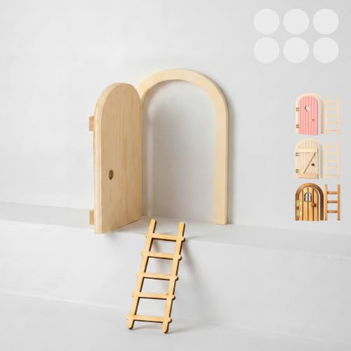 Kathfly 2 Pcs Mini Wooden Mouse Door Kit Miniature Mouse House with Ladder Fairy Door for Wall Tree Room Window Lock DIY Craft Fairy Garden Outdoor Indoor Decor(Classic Style,Wood Color) - color: Wood Color, style: Classic Style
