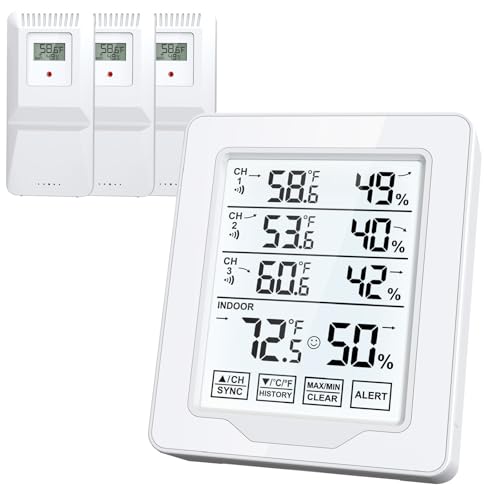 Indoor Outdoor Thermometer Wireless with 3 Remote Sensors, Digital Temperature Humidity Monitor Gauge with 500FT/150M Range, Temp Alert and Backlight