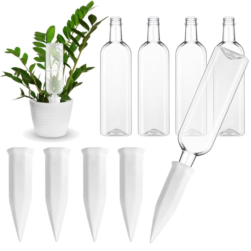 4 Sets Terracotta Plant Watering Spikes with Bottles | 25 oz Plastic Bottles, Slow Release Irrigation, Automatic Watering for Indoor Outdoor Gardens, Ideal Vacation Plant Care