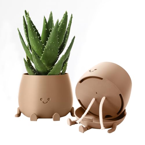 TOPOLA Happy Face Planter, 5.2 Inches Plastic Plant Pot, Self Watering Plant Pot with Drainage Holes for Indoor Outdoor, Succulent Pot, Funny Flower Pot, Khaki - color: Khaki