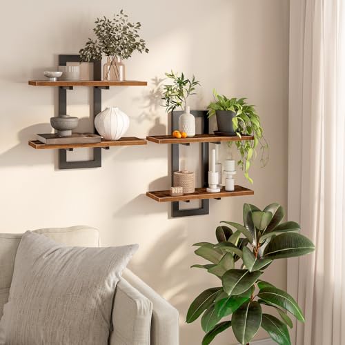 HOOBRO Floating Shelves for Wall, 15" Wall Shelf Set of 2, Wall Mounted Storage Shelves 2-Tier, Hanging Bathroom Shelves, for Living Room, Bedroom, Bathroom, Kitchen, Rustic Brown and Black BF32BJ01G1 - color: Rustic Brown + Black