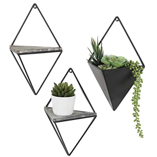 MyGift Indoor Wall Planter and Wooden Wall Display Shelves with Black Metal Frames Metal, 3-Piece Set