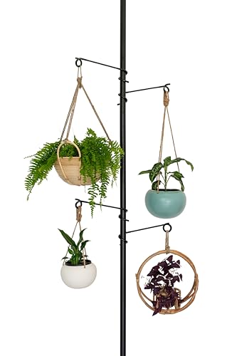 Tension Rod Plant Stand, Plant Poles for Hanging Plants Indoor, Metal Floor to Ceiling Hanging Plants Stand, Tension Pole Plant Stand with 6 Hooks (Fit 3.6-10ft) - size: 6-Hangers