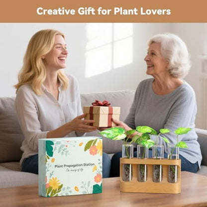 Plant Propagation Station with Wooden Stand, Gardening Gifts for Mom Women Plant Lovers, 9-Level Dimmable LED Light 4 Glass Test Tubes Vases for Hydroponic Plants - Desktop Terrarium for Desk Decor - size: With Light