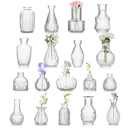 18 Piece Bud Vases Set for Centerpieces, Mini Clear Glass Vases for Wedding & Anniversary Decor, Small Vintage Vases for Flowers, Home Table Decor (Shower Room, Birthday, Propagation)