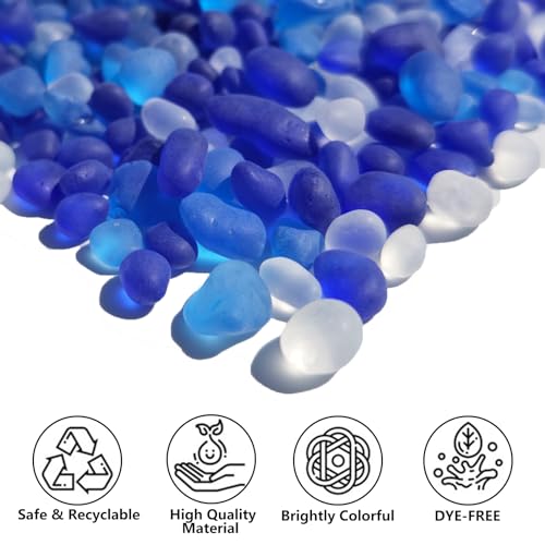 QYGL Sea Glass Stones - 0.9LB Blue Mixed Frosted Glass Pebbles Gemstones - color: Cobalt Blue, Aquamarine, White