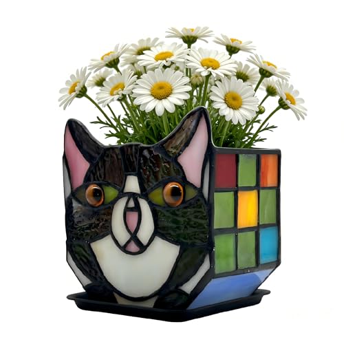Tiffany Cute Cat Stained Glass Flower Pots,Indoor and Outdoor Plant Displays,Black Cat Plant Planter,Candle Holder Container Decoration 4.6 x 5.15 x 3 inch(Without Succulents) - color: Black
