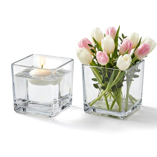 2 Pack 4" x 4" x 4" Square Glass Vase, Clear Cube Vases for Centerpieces - size: 4"-2Pack